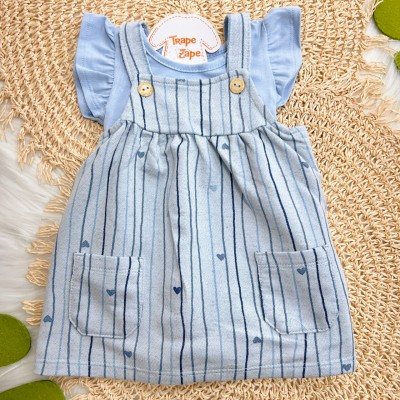 Conj. Body Manga Curta e Salopete Listrada com Corações - Azul Jeans